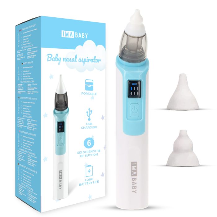 Aspirator nazal electric IMA Baby pentru bebelusi si copii silentios, 6 Trepte de Aspirare, Portabil, cu Incarcare USB, cu Baterie reincarcabila 500mAh, 2 Capete de silicon, albastru