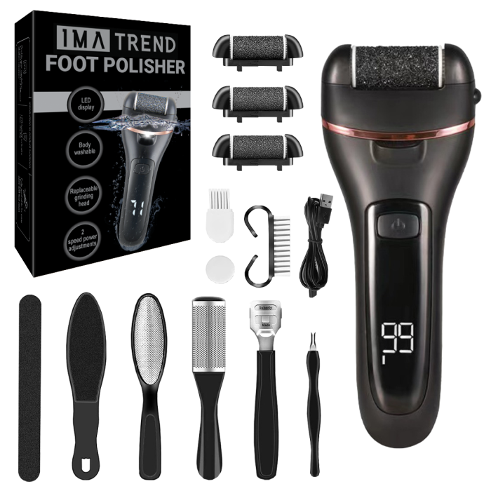 Pila electrica pentru talpi si calcaie IMA Trend, Display Digital, Led, Acumulator 1200 mAh, Incarcare USB, Impermeabil, 3 role, 2000 rpm, Accesorii incluse, Cadoul ideal, Indepartare piele moarta, Indepartare calus, Negru