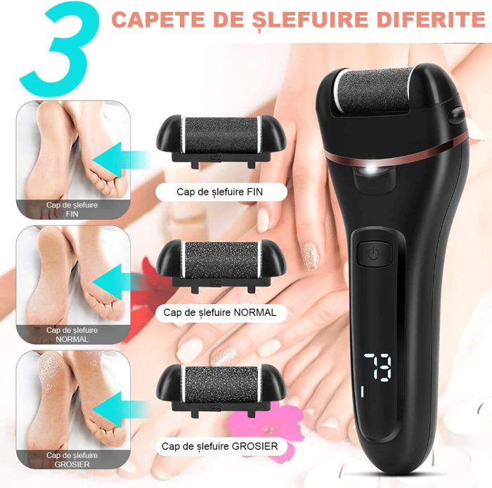 Pila electrica pentru talpi si calcaie IMA Trend, Display Digital, Led, Acumulator 1200 mAh, Incarcare USB, Impermeabil, 3 role, 2000 rpm, Accesorii incluse, Cadoul ideal, Indepartare piele moarta, Indepartare calus, Negru - imagine 2
