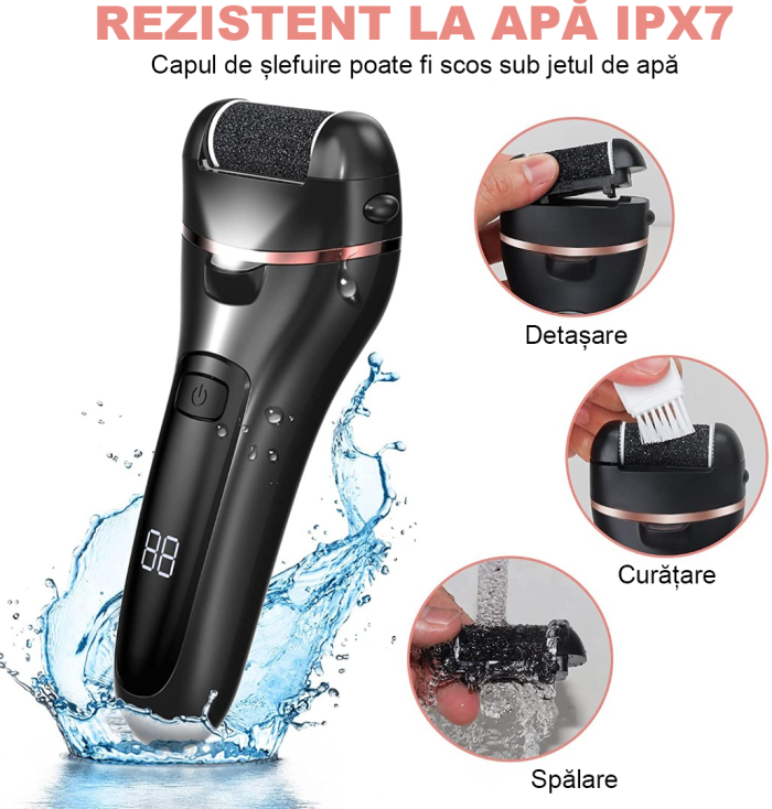 Pila electrica pentru talpi si calcaie IMA Trend, Display Digital, Led, Acumulator 1200 mAh, Incarcare USB, Impermeabil, 3 role, 2000 rpm, Accesorii incluse, Cadoul ideal, Indepartare piele moarta, Indepartare calus, Negru - imagine 3