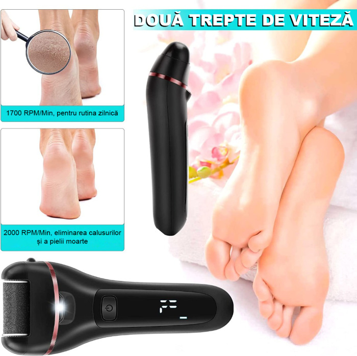 Pila electrica pentru talpi si calcaie IMA Trend, Display Digital, Led, Acumulator 1200 mAh, Incarcare USB, Impermeabil, 3 role, 2000 rpm, Accesorii incluse, Cadoul ideal, Indepartare piele moarta, Indepartare calus, Negru - imagine 5