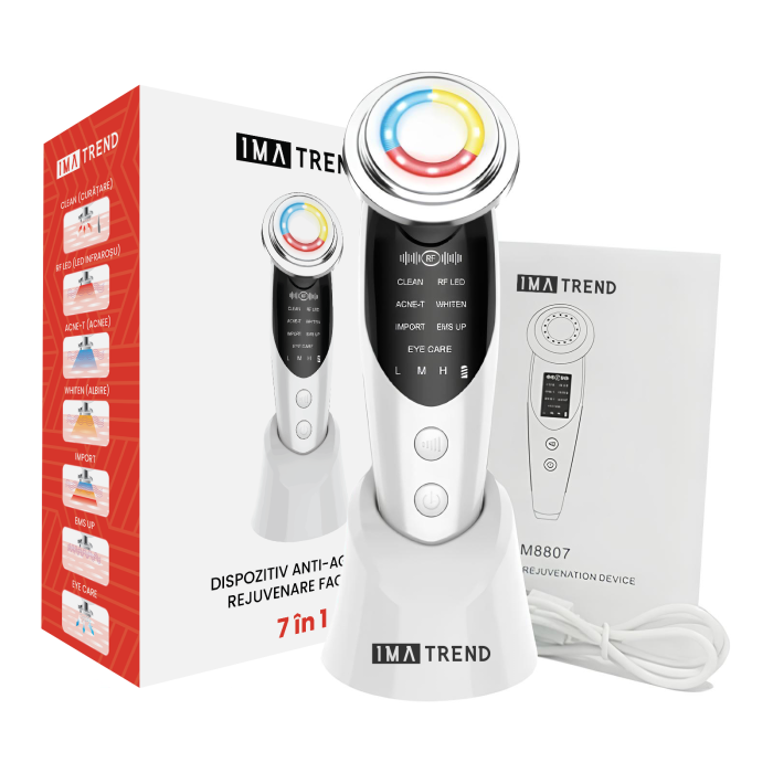 Aparat profesional pentru tratament facial și intinerirea pielii 7 in 1, IMA Trend®, Vibratii EMS, Masaj facial, Lifting, Curatarea porilor, cearcane, Indepartarea ridurilor, Alb
