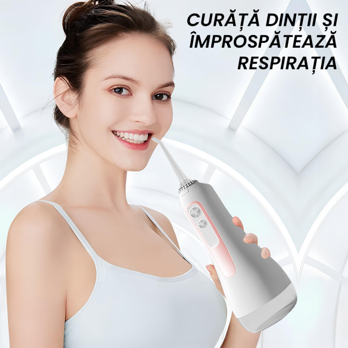 Irigator Oral  IMA Trend, Profesional pentru Dus Bucal și Oral, Presiune 70-120PSI, 3 TREPTE de presiune, Fara fir, Portabil, IPX7, Rezervor 320 ML, Baterie 1600mAh, 360°, Capete Intradentare Incluse Alb/Roz - imagine 10
