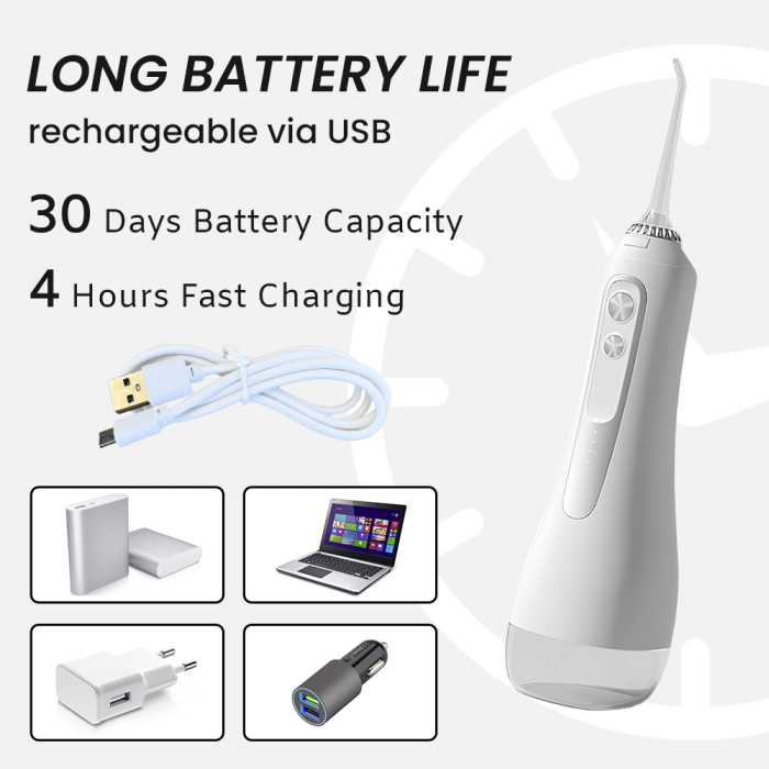 Irigator Oral  IMA Trend, Profesional pentru Dus Bucal și Oral, Presiune 70-120PSI, 3 TREPTE de presiune, Fara fir, Portabil, IPX7, Rezervor 320 ML, Baterie 1600mAh, 360°, Capete Intradentare Incluse Alb/Roz - imagine 6