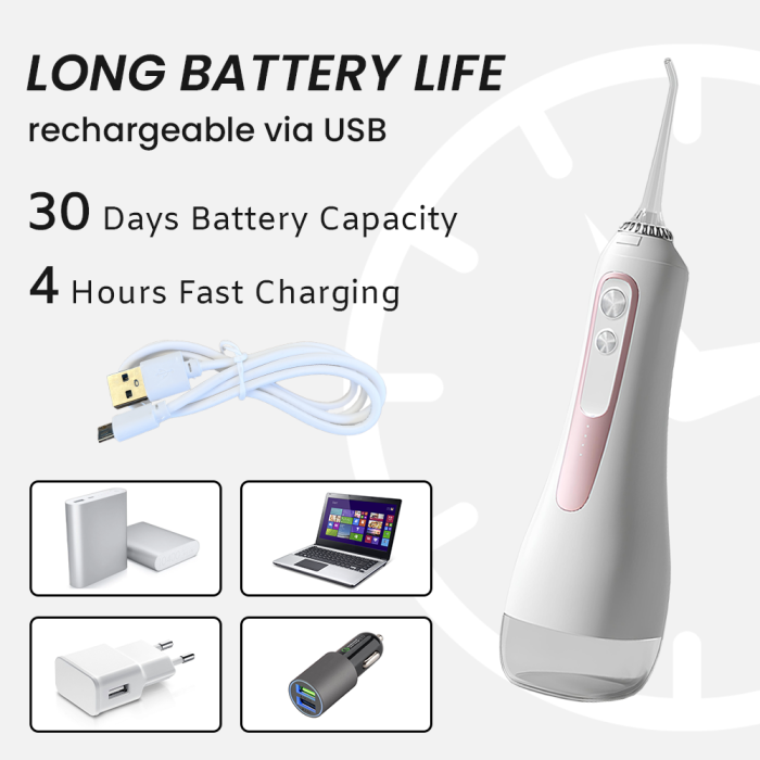 Irigator Oral  IMA Trend, Profesional pentru Dus Bucal și Oral, Presiune 70-120PSI, 3 TREPTE de presiune, Fara fir, Portabil, IPX7, Rezervor 320 ML, Baterie 1600mAh, 360°, Capete Intradentare Incluse Alb/Roz - imagine 7