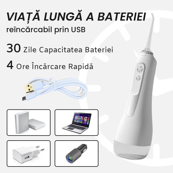 Irigator Oral  IMA Trend, Profesional pentru Dus Bucal și Oral, Presiune 70-120PSI, 3 TREPTE de presiune, Fara fir, Portabil, IPX7, Rezervor 320 ML, Baterie 1600mAh, 360°, Capete Intradentare Incluse Alb/Roz - imagine 4