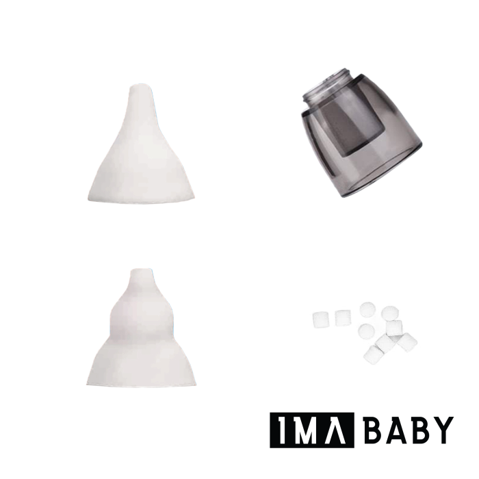 Set accesorii pentru Aspiratorul Nazal IMA Baby pentru bebeluși, Conține: 2 capete albe de silicon, un set de buretei si recipientul de colectare