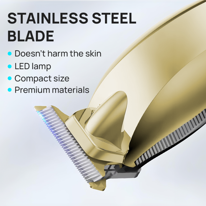 Aparat de tuns si ras IMA Trend Trimmer, barba si corp, rezistent la apa, cu lumina led, LCD, 2 trepte de viteza, 6500 rpm, Portabil, cu Incarcare USB, cu Baterie reincarcabila 1200mAh, Autonomie 240 de minute, Auriu - imagine 2