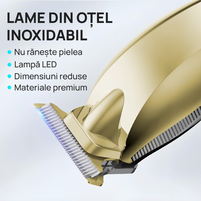 Aparat de tuns si ras IMA Trend Trimmer, barba si corp, rezistent la apa, cu lumina led, LCD, 2 trepte de viteza, 6500 rpm, Portabil, cu Incarcare USB, cu Baterie reincarcabila 1200mAh, Autonomie 240 de minute, Auriu - imagine 9