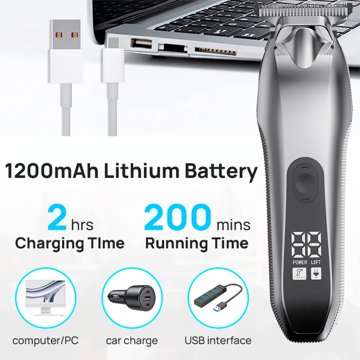 Aparat de tuns si ras IMA Trend Trimmer, barba si corp, rezistent la apa, cu lumina led, LCD, 2 trepte de viteza, 6500 rpm, Portabil, cu Incarcare USB, cu Baterie reincarcabila 1200mAh, Autonomie 240 de minute, Gri - imagine 3