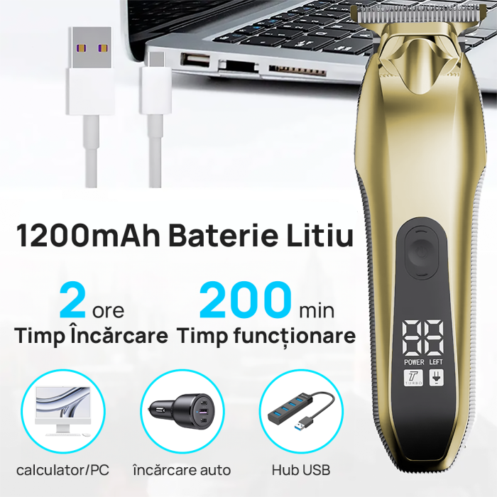 Aparat de tuns si ras IMA Trend Trimmer, barba si corp, rezistent la apa, cu lumina led, LCD, 2 trepte de viteza, 6500 rpm, Portabil, cu Incarcare USB, cu Baterie reincarcabila 1200mAh, Autonomie 240 de minute, Auriu - imagine 10