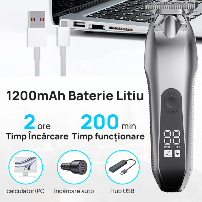Aparat de tuns si ras IMA Trend Trimmer, barba si corp, rezistent la apa, cu lumina led, LCD, 2 trepte de viteza, 6500 rpm, Portabil, cu Incarcare USB, cu Baterie reincarcabila 1200mAh, Autonomie 240 de minute, Gri - imagine 10