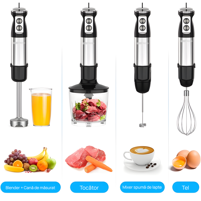 Set Blender 5 in 1 IMA Trend cu putere 1000W, Mixer vertical profesional, Lama din Otel inoxidabi, Silențios, 12 trepte de viteza, Functie Turbo, Cana 600ml, Tocător 500ml, Mixer, Accesoriu pentru Spumat laptele, Multifunctional,  Negru - imagine 2