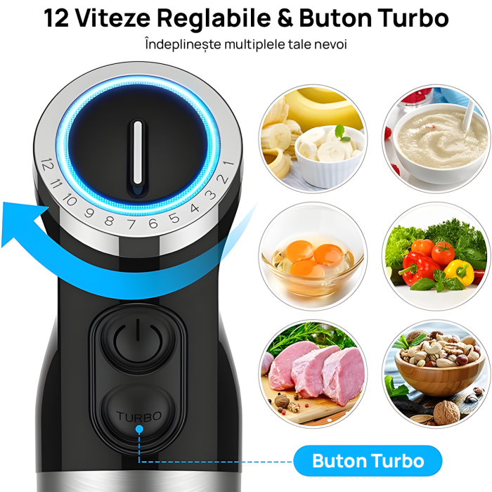 Set Blender 5 in 1 IMA Trend cu putere 1000W, Mixer vertical profesional, Lama din Otel inoxidabi, Silențios, 12 trepte de viteza, Functie Turbo, Cana 600ml, Tocător 500ml, Mixer, Accesoriu pentru Spumat laptele, Multifunctional,  Negru - imagine 6