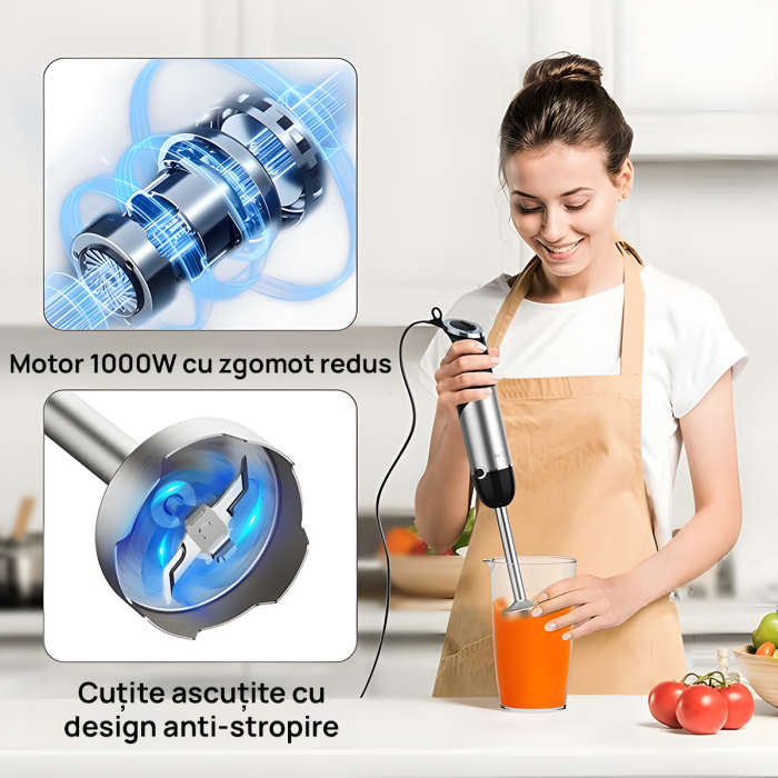 Set Blender 5 in 1 IMA Trend cu putere 1000W, Mixer vertical profesional, Lama din Otel inoxidabi, Silențios, 12 trepte de viteza, Functie Turbo, Cana 600ml, Tocător 500ml, Mixer, Accesoriu pentru Spumat laptele, Multifunctional,  Negru - imagine 7