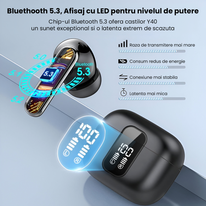 Casti wireless Bluetooth, IMA Trend®CY-40, Audio, in-ear, Fara fir, Bluetooth 5.3, ANC si Dual MIC ENC, Active Noise Cancellation, Autonomie 45 ore, Microfon HD, Control tactil/touch, Rezistente la apa, IPX5, Sport, Carcasa Magnetica, Afisare LED, Compatibilitate Universala, Negru - imagine 3
