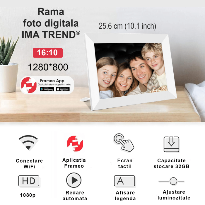Rama foto digitala IMA Trend®, 10.1 inch, aplicatie Frameo, Android 6, RAM 1GB, Memorie interna 32GB, Touchscreen 800x1280 HD IPS, Slot USB, card SD, difuzor 2x2W, poze/video, Alba - imagine 5