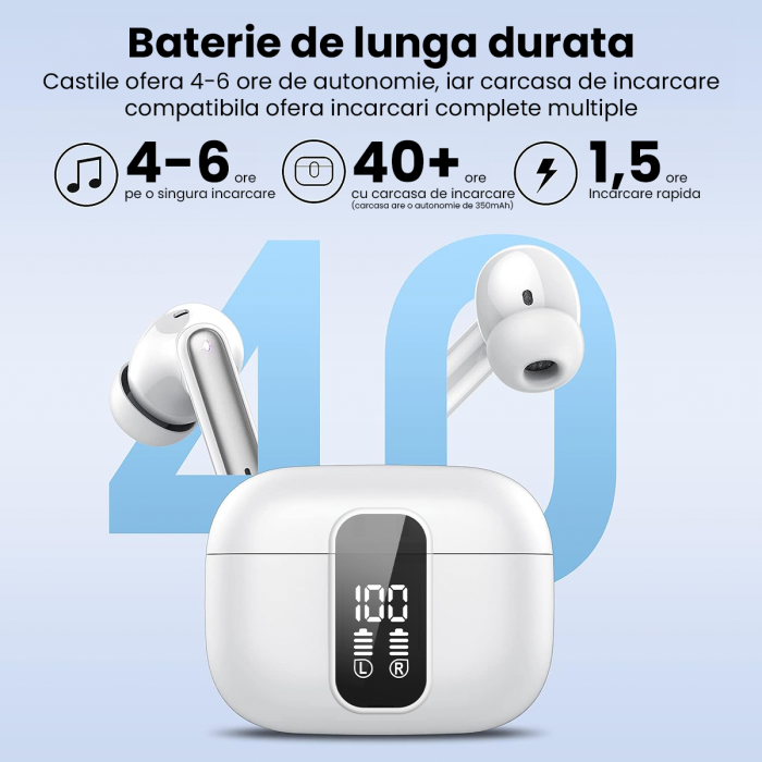 Casti wireless Bluetooth, IMA Trend®CY-40, Audio, in-ear, Fara fir, Bluetooth 5.3, ANC si Dual MIC ENC, Active Noise Cancellation, Autonomie 45 ore, Microfon HD, Control tactil/touch, Rezistente la apa, IPX5, Sport, Carcasa Magnetica, Afisare LED, Compatibilitate Universala, Alb - imagine 4