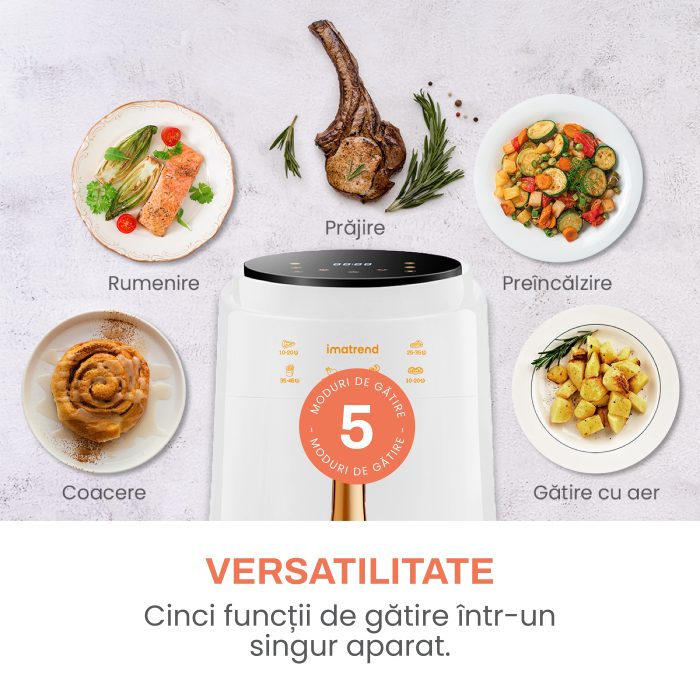 Friteuza cu aer cald, fara ulei, IMA TREND XL Air Fryer, 1400W, capacitate 8L, temperatura ajustabila 80-220°C, timer 60 min, pot detasabil, display digital, Alb - imagine 3