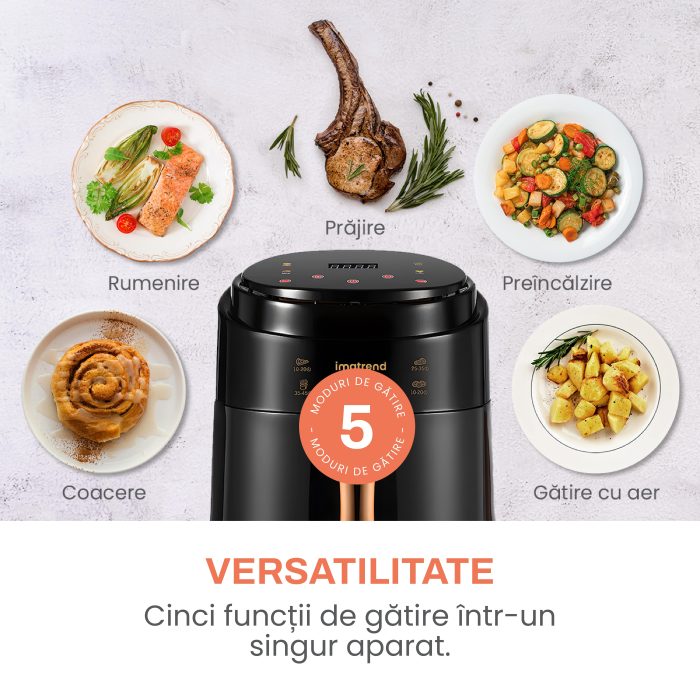 Friteuza cu aer cald, fara ulei, IMA TREND XL Air Fryer, 1400W, capacitate 8L, temperatura ajustabila 80-220°C, timer 60 min, pot detasabil, display digital, Negru - imagine 3
