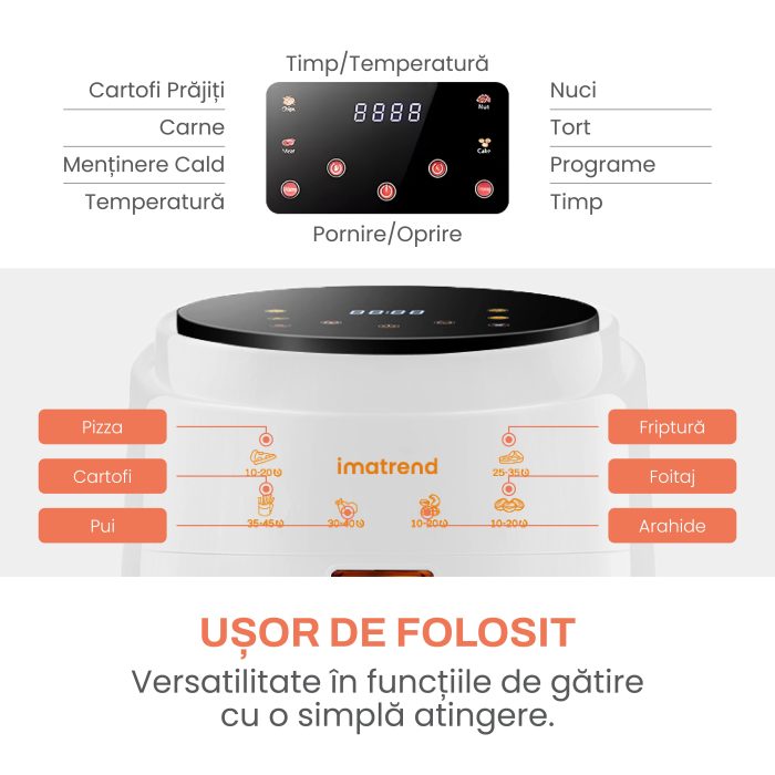 Friteuza cu aer cald, fara ulei, IMA TREND XL Air Fryer, 1400W, capacitate 8L, temperatura ajustabila 80-220°C, timer 60 min, pot detasabil, display digital, Alb - imagine 4