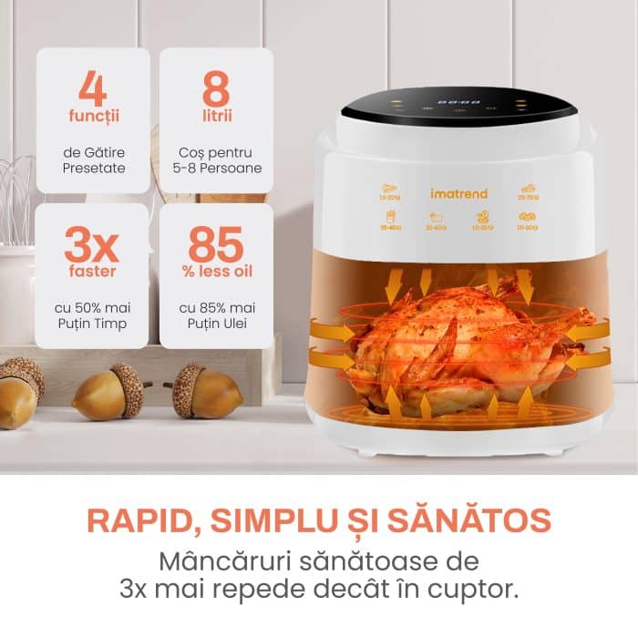 Friteuza cu aer cald, fara ulei, IMA TREND XL Air Fryer, 1400W, capacitate 8L, temperatura ajustabila 80-220°C, timer 60 min, pot detasabil, display digital, Alb - imagine 6