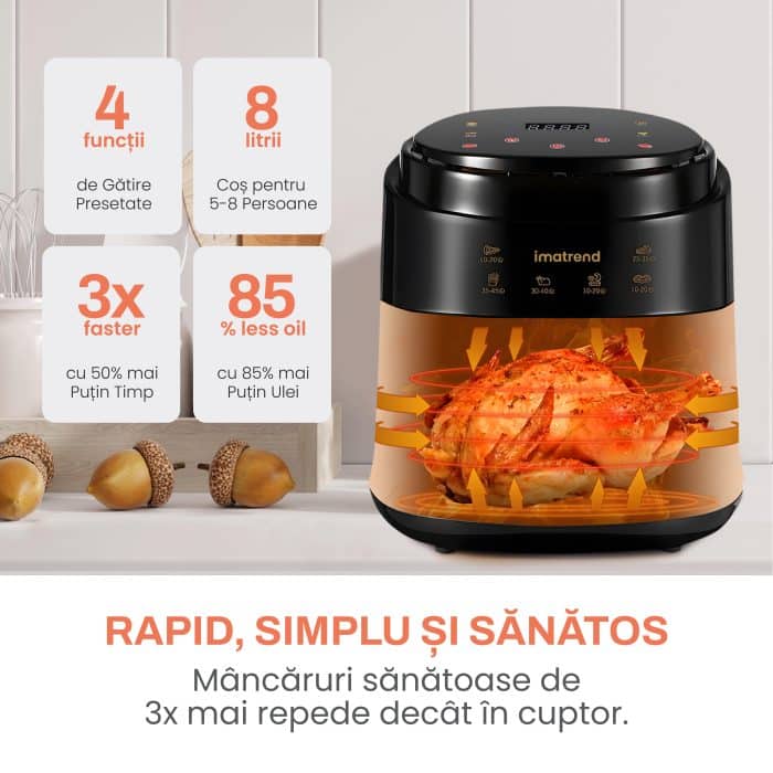 Friteuza cu aer cald, fara ulei, IMA TREND XL Air Fryer, 1400W, capacitate 8L, temperatura ajustabila 80-220°C, timer 60 min, pot detasabil, display digital, Negru - imagine 6