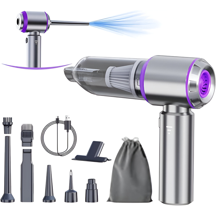 Aspirator de mana portabil cu acumulator 2 in 1 IMA Trend ST Plus,  pentru uz casnic sau auto, putere 100W, 3 Viteze, 15000 Pa, Filtru HEPA, Functie Suflanta, Functie Aspirare, 680L/min, 80.000 rot/min, incarcare Type-C, Acumulator 6000 mAh, 9 Accesorii, Argintiu
