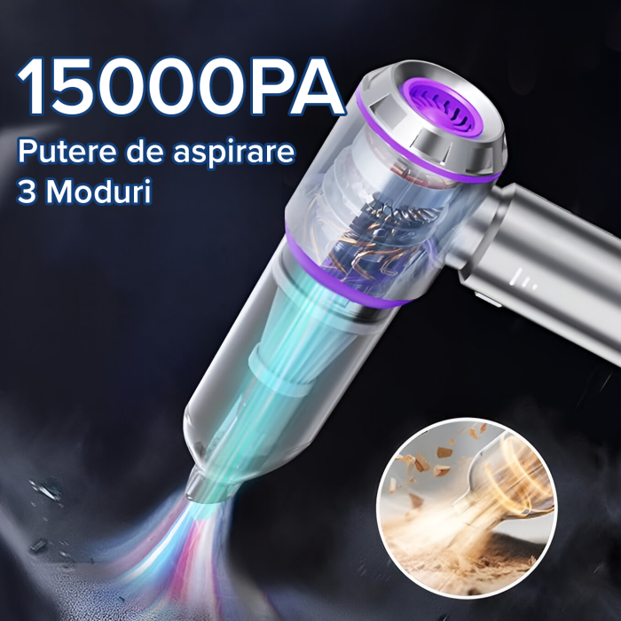 Aspirator de mana portabil cu acumulator 2 in 1 IMA Trend ST Plus,  pentru uz casnic sau auto, putere 100W, 3 Viteze, 15000 Pa, Filtru HEPA, Functie Suflanta, Functie Aspirare, 680L/min, 80.000 rot/min, incarcare Type-C, Acumulator 6000 mAh, 9 Accesorii, Argintiu - imagine 2