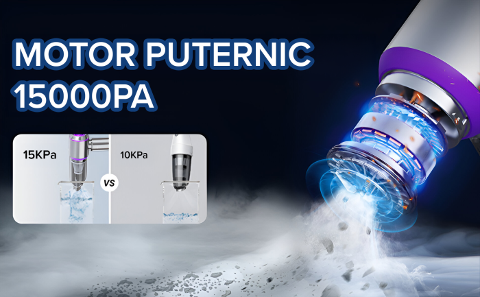 Aspirator de mana portabil cu acumulator 2 in 1 IMA Trend ST Plus,  pentru uz casnic sau auto, putere 100W, 3 Viteze, 15000 Pa, Filtru HEPA, Functie Suflanta, Functie Aspirare, 680L/min, 80.000 rot/min, incarcare Type-C, Acumulator 6000 mAh, 9 Accesorii, Argintiu - imagine 3