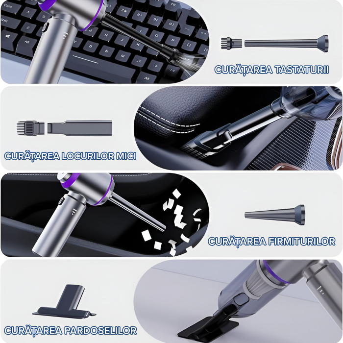 Aspirator de mana portabil cu acumulator 2 in 1 IMA Trend ST Plus,  pentru uz casnic sau auto, putere 100W, 3 Viteze, 15000 Pa, Filtru HEPA, Functie Suflanta, Functie Aspirare, 680L/min, 80.000 rot/min, incarcare Type-C, Acumulator 6000 mAh, 9 Accesorii, Argintiu - imagine 5