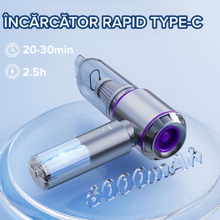 Aspirator de mana portabil cu acumulator 2 in 1 IMA Trend ST Plus,  pentru uz casnic sau auto, putere 100W, 3 Viteze, 15000 Pa, Filtru HEPA, Functie Suflanta, Functie Aspirare, 680L/min, 80.000 rot/min, incarcare Type-C, Acumulator 6000 mAh, 9 Accesorii, Argintiu - imagine 6