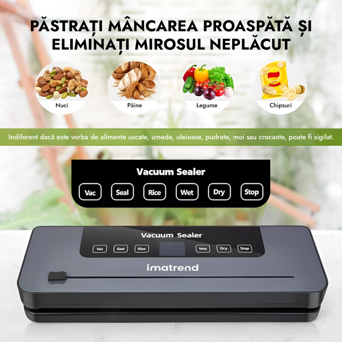 Aparat de vidat si sigilat alimente IMA Trend, 120W, 60kpa, 5 functii vidare umed/uscata/soft, panou de comanda tactil, 30 cm bara de lipire, Cutter Incorporat, cu 10 Pungi 20x30cm, Functie de Sigilare si Vidare Automata, Gri - imagine 3
