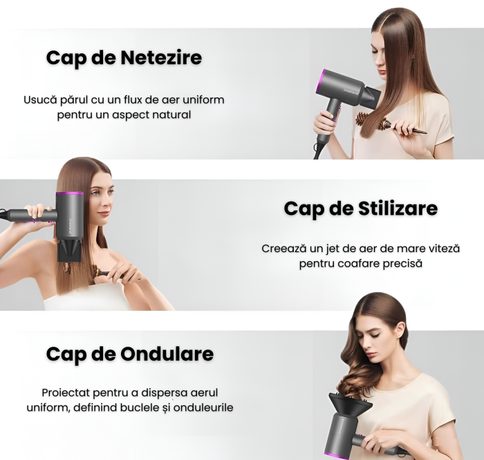 Uscator Par Profesional IMA Trend, 1800W, Feon 2 Viteze si 3 trepte de temperatura cu aer Rece/Cald, Ioni Negativi, 3 Capete Interschimbabile, Temperatura Constanta 57°C, Design Ergonomic/Silentios, Uscare/Stilizare/Ondulare, Accesorii, Gri - imagine 9