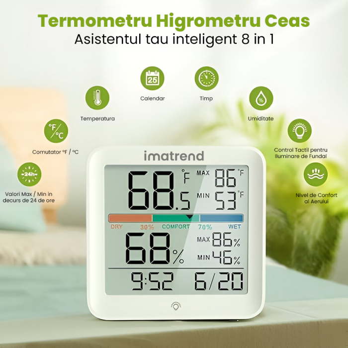 Termometru si Higrometru de camera IMA Trend YG5275 Pro, ecran 3.7 inch, Indica Ora si Data, Lumina, Touch, Indicator comfort, Citire 15s, 3 tipuri de montare, gama profesionala, Alb - imagine 2