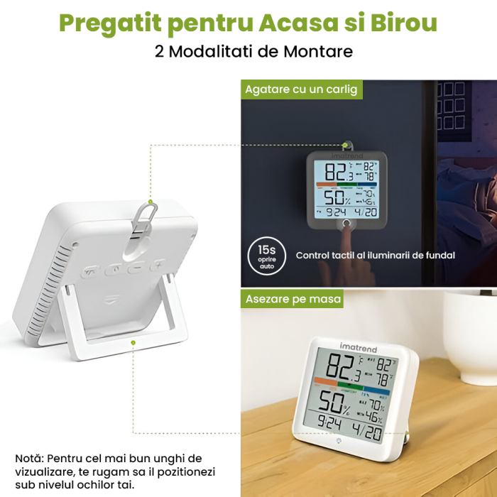 Termometru si Higrometru de camera IMA Trend YG5275 Pro, ecran 3.7 inch, Indica Ora si Data, Lumina, Touch, Indicator comfort, Citire 15s, 3 tipuri de montare, gama profesionala, Alb - imagine 5