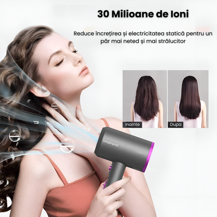 Uscator Par Profesional IMA Trend, 1800W, Feon 2 Viteze si 3 trepte de temperatura cu aer Rece/Cald, Ioni Negativi, 3 Capete Interschimbabile, Temperatura Constanta 57°C, Design Ergonomic/Silentios, Uscare/Stilizare/Ondulare, Accesorii, Gri - imagine 5