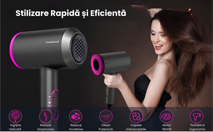 Uscator Par Profesional IMA Trend, 1800W, Feon 2 Viteze si 3 trepte de temperatura cu aer Rece/Cald, Ioni Negativi, 3 Capete Interschimbabile, Temperatura Constanta 57°C, Design Ergonomic/Silentios, Uscare/Stilizare/Ondulare, Accesorii, Gri - imagine 3