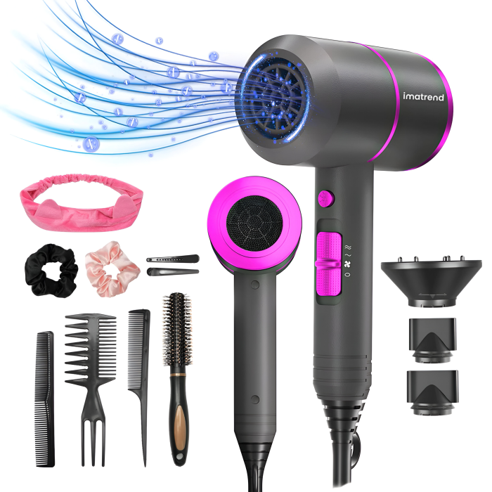 Uscator Par Profesional IMA Trend, 1800W, Feon 2 Viteze si 3 trepte de temperatura cu aer Rece/Cald, Ioni Negativi, 3 Capete Interschimbabile, Temperatura Constanta 57°C, Design Ergonomic/Silentios, Uscare/Stilizare/Ondulare, Accesorii, Gri