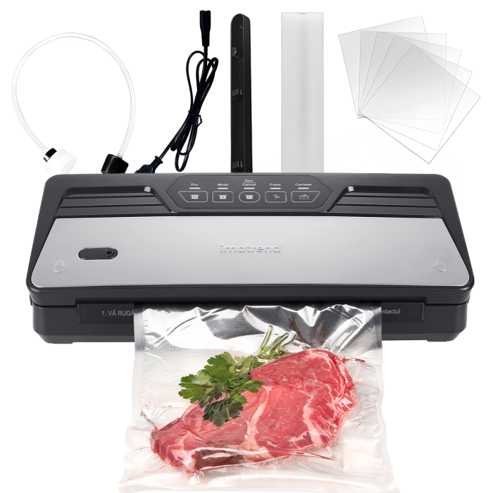 Aparat de vidat si sigilat alimente IMA Trend, 130W, 70kpa, 5 functii vidare umed/uscata/soft, panou de comanda tactil, 30 cm bara de lipire, Cutter Incorporat, cu 5 Pungi 20x30cm si o Rola de 20x300cm incluse, Functie de Sigilare si Vidare Automata, Gri