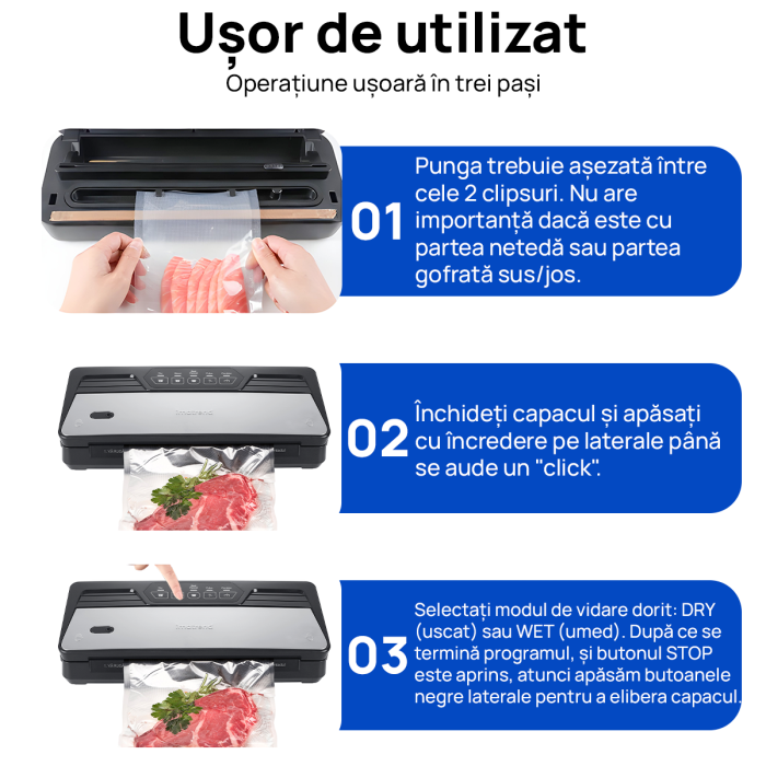 Aparat de vidat si sigilat alimente IMA Trend, 130W, 70kpa, 5 functii vidare umed/uscata/soft, panou de comanda tactil, 30 cm bara de lipire, Cutter Incorporat, cu 5 Pungi 20x30cm si o Rola de 20x300cm incluse, Functie de Sigilare si Vidare Automata, Gri - imagine 4