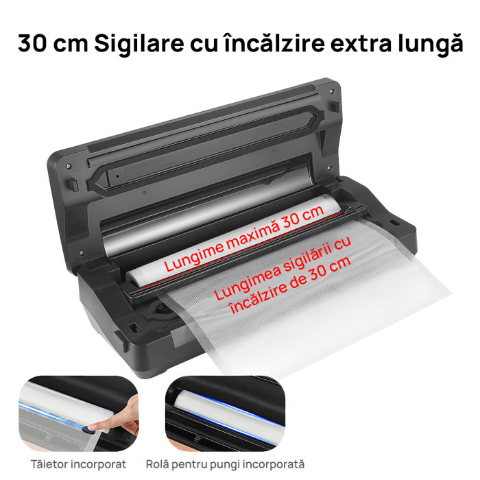 Aparat de vidat si sigilat alimente IMA Trend, 130W, 70kpa, 5 functii vidare umed/uscata/soft, panou de comanda tactil, 30 cm bara de lipire, Cutter Incorporat, cu 5 Pungi 20x30cm si o Rola de 20x300cm incluse, Functie de Sigilare si Vidare Automata, Gri - imagine 5