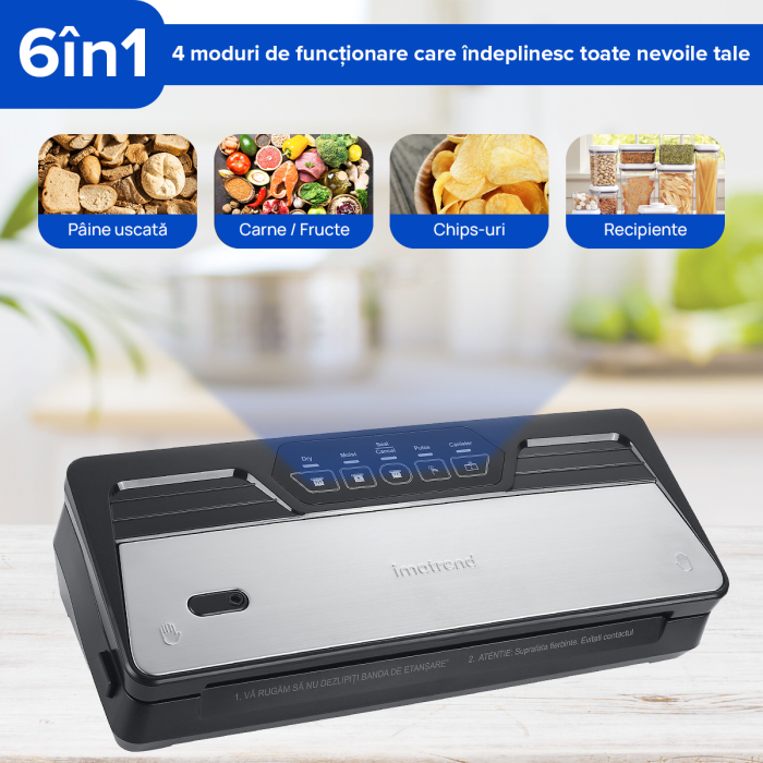 Aparat de vidat si sigilat alimente IMA Trend, 130W, 70kpa, 5 functii vidare umed/uscata/soft, panou de comanda tactil, 30 cm bara de lipire, Cutter Incorporat, cu 5 Pungi 20x30cm si o Rola de 20x300cm incluse, Functie de Sigilare si Vidare Automata, Gri - imagine 7