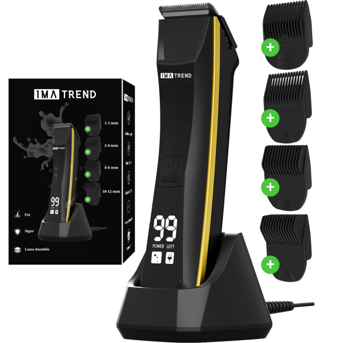 Aparat de tuns si ras IMA Trend Trimmer, inghinal, barba si corp, ceramic, rezistent la apa, cu lumina led, LCD, 2 trepte de viteza, 6500 rpm, cu stand, Portabil, cu Incarcare USB, cu Baterie reincarcabila 600mAh, Autonomie 90 de minute, Negru