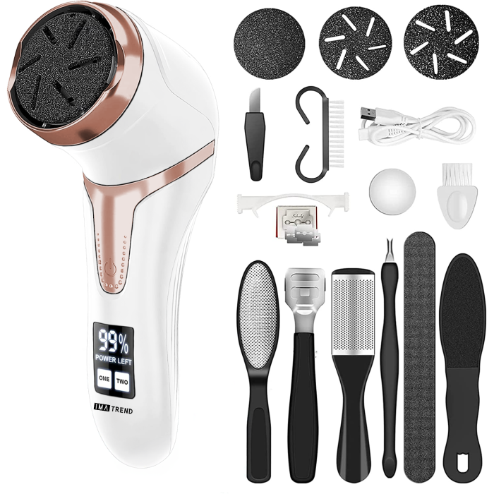 Pila electrica pentru talpi si calcaie IMA Trend, cu Aspirare, IPX 7, Display Digital, Led, Acumulator 1200 mAh, Incarcare USB, Impermeabil, 3 role, 2200 rpm, Accesorii incluse, Indepartare piele moarta, Indepartare calus, Alba