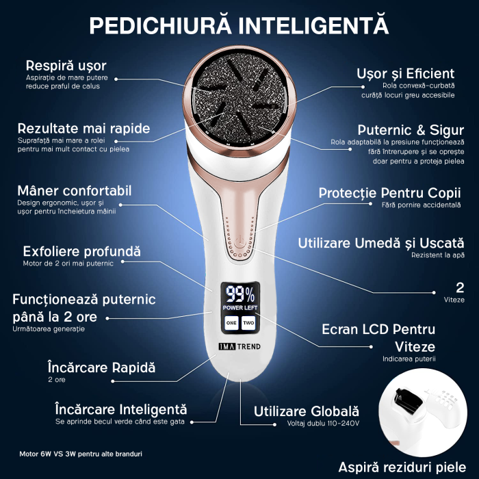Pila electrica pentru talpi si calcaie IMA Trend, cu Aspirare, IPX 7, Display Digital, Led, Acumulator 1200 mAh, Incarcare USB, Impermeabil, 3 role, 2200 rpm, Accesorii incluse, Indepartare piele moarta, Indepartare calus, Alba - imagine 2