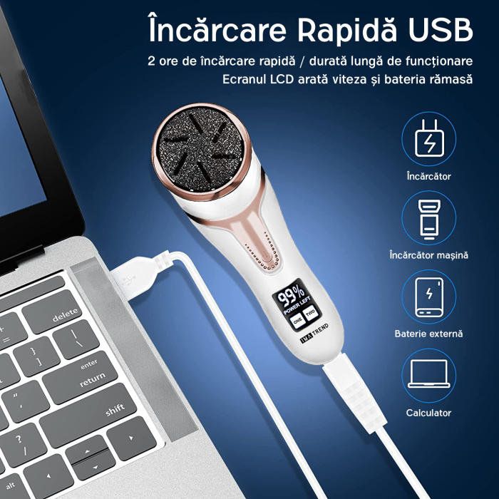 Pila electrica pentru talpi si calcaie IMA Trend, cu Aspirare, IPX 7, Display Digital, Led, Acumulator 1200 mAh, Incarcare USB, Impermeabil, 3 role, 2200 rpm, Accesorii incluse, Indepartare piele moarta, Indepartare calus, Alba - imagine 5