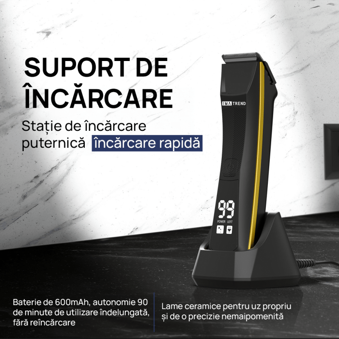 Aparat de tuns si ras IMA Trend Trimmer, inghinal, barba si corp, ceramic, rezistent la apa, cu lumina led, LCD, 2 trepte de viteza, 6500 rpm, cu stand, Portabil, cu Incarcare USB, cu Baterie reincarcabila 600mAh, Autonomie 90 de minute, Negru - imagine 6