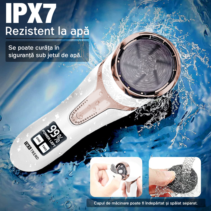 Pila electrica pentru talpi si calcaie IMA Trend, cu Aspirare, IPX 7, Display Digital, Led, Acumulator 1200 mAh, Incarcare USB, Impermeabil, 3 role, 2200 rpm, Accesorii incluse, Indepartare piele moarta, Indepartare calus, Alba - imagine 6