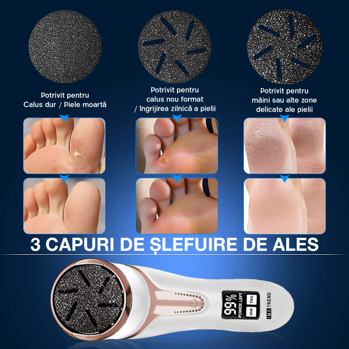 Pila electrica pentru talpi si calcaie IMA Trend, cu Aspirare, IPX 7, Display Digital, Led, Acumulator 1200 mAh, Incarcare USB, Impermeabil, 3 role, 2200 rpm, Accesorii incluse, Indepartare piele moarta, Indepartare calus, Alba - imagine 7
